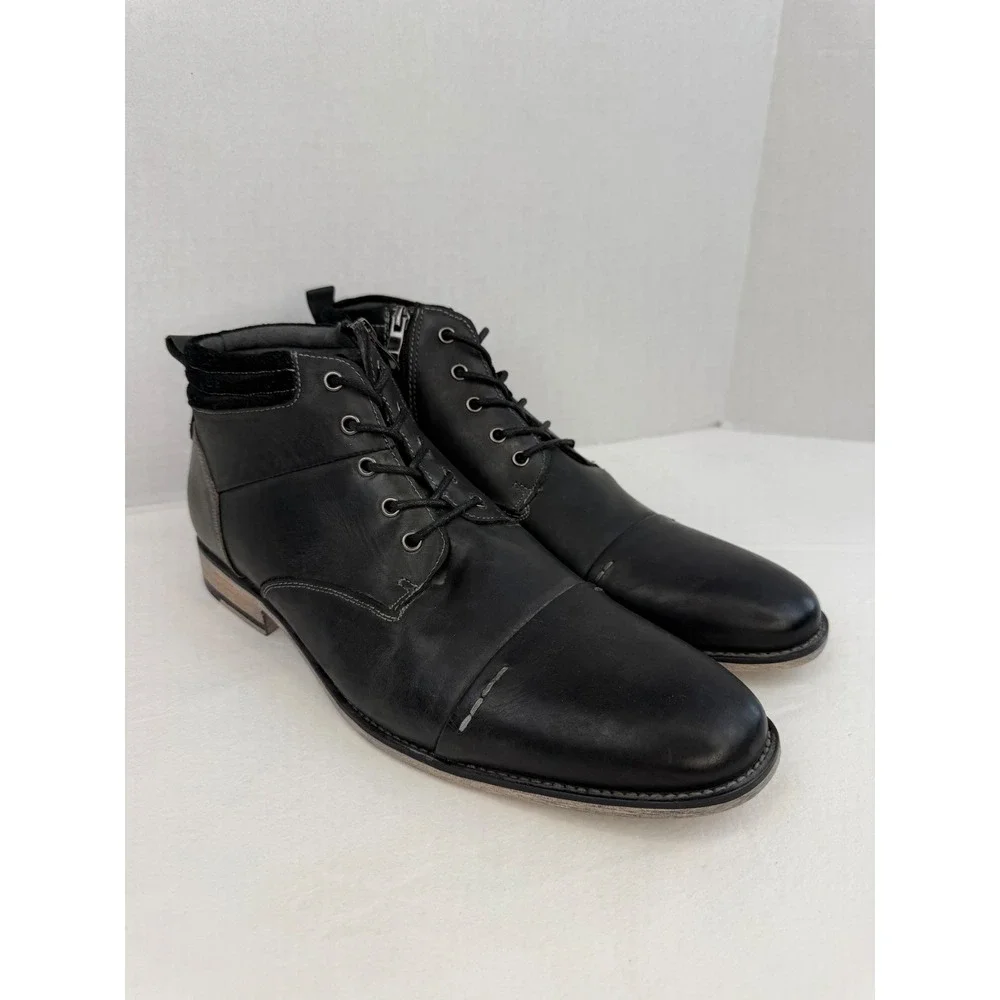 Steve Madden Mens P-Kontac Black Leather Cap Toe Lace Up Zip Dress Boots Size 11